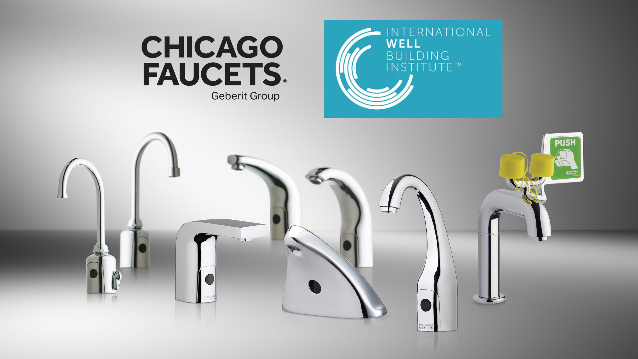Chicago Faucets + WELL Building Institute logos above a collection of faucets