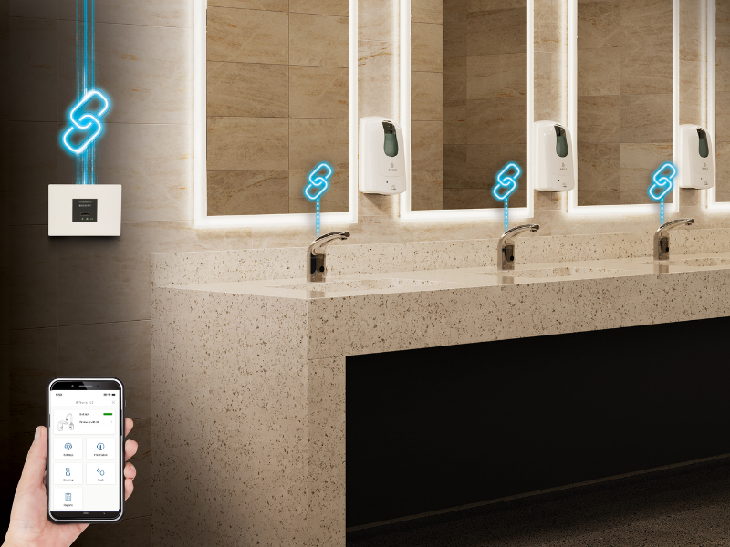 CF Connect PLUS in an airport restroom with multiple connected faucets