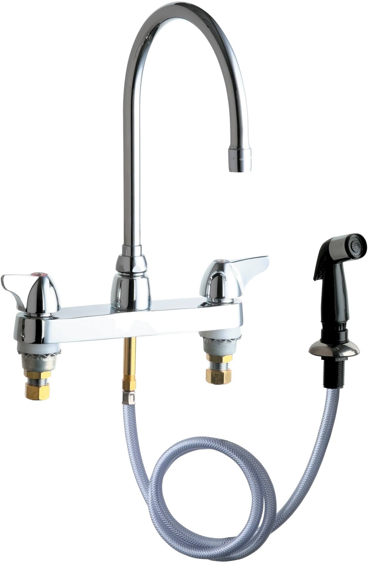 Deckmounted manual faucet, 8" centers, with side spray Chicago Faucets