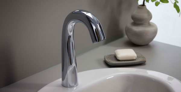 EQ high-arc touchless faucet in bathroom setting