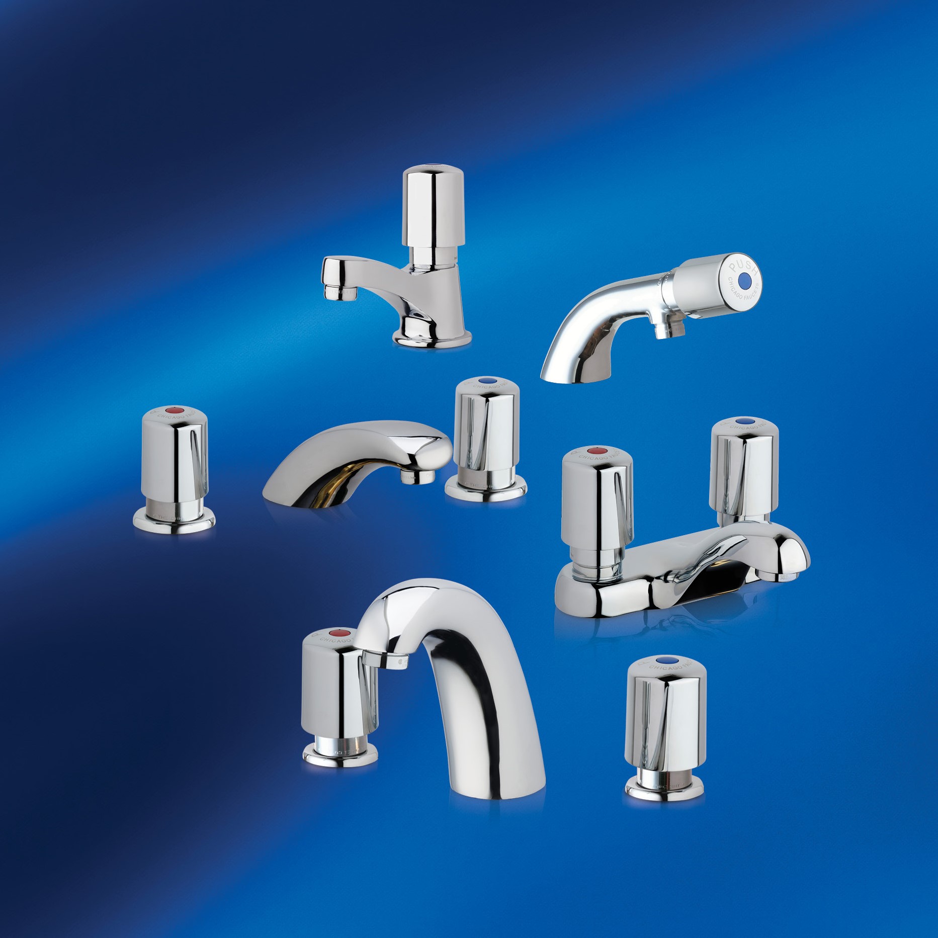 Chicago Faucets offers a full range of low flow faucets - shown here are the metering low flow