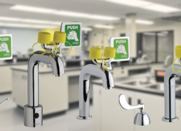 Design includes a large, intuitive push handle for activation with a completely separate supply line for tepid water. Easy to use with single lever. One push, and it is ready to use. Available faucet options include touchless, manual, lab nozzle, or retrofit faucet