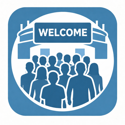 People approaching a stadium with a welcome sign