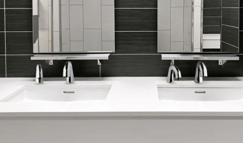 EQ® Series faucets and soap dispensers in a modern restroom with dark tile and white sink deck