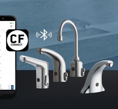 phone app next to four touchless faucets with bluetooth connection