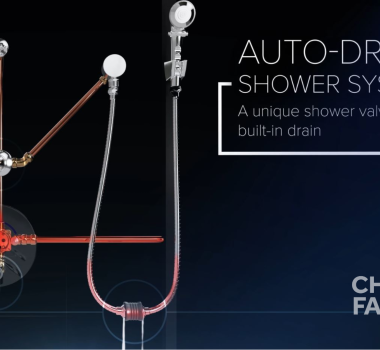 chrome auto-drain shower system on a dark background