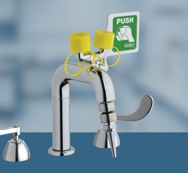 chrome combination dual handled faucet and emergency eyewash with a lab nozzle and large push handle
