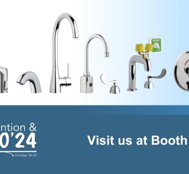 A line of Chicago Faucets products with a caption to Visit us at ASPE Booth #1409 