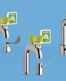 manual and touchless emergency eyewash faucets on blue background