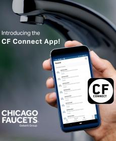 Hand holding a phone with CF Connect app in front of HyTronic faucet