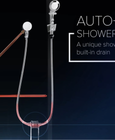 chrome auto-drain shower system on a dark background