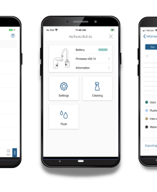 three smart phones showing three different screens of the CF Connect app