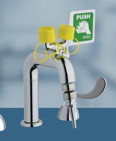 chrome combination dual handled faucet and emergency eyewash with a lab nozzle and large push handle