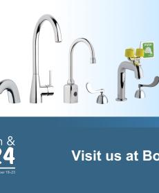 A line of Chicago Faucets products with a caption to Visit us at ASPE Booth #1409 