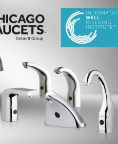 Chicago Faucets + WELL Building Institute logos above a collection of faucets